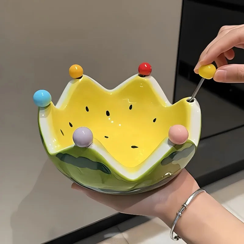 InsWatermelon Fruit Plate Creative Ceramic Fruit Fork Set Large Capacity Living Room Coffee Table Fruit Bowl Cute Small Ornament