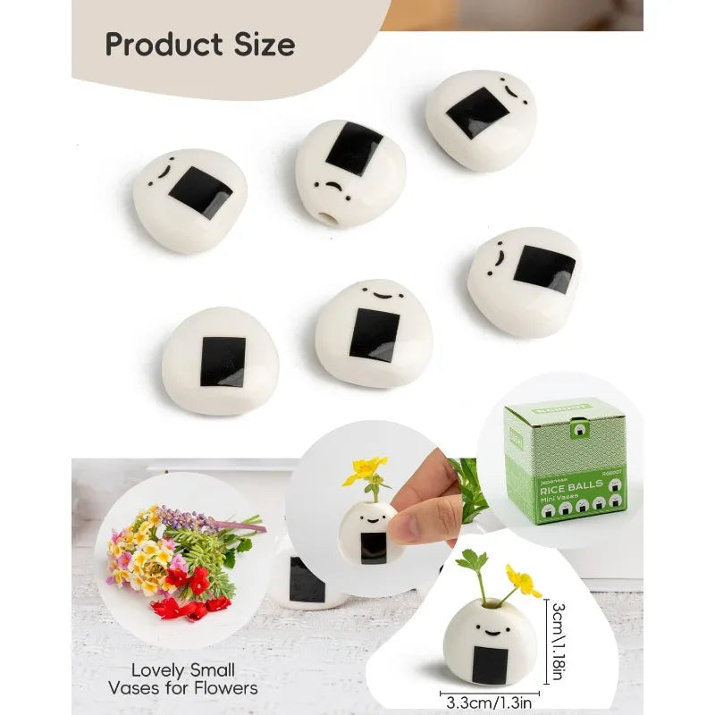 6 PCS Cute Handmade Ceramic Mini Vases - Rice Ball Design for Dried Flowers and Small Stems, Adorable Mini Table Decor