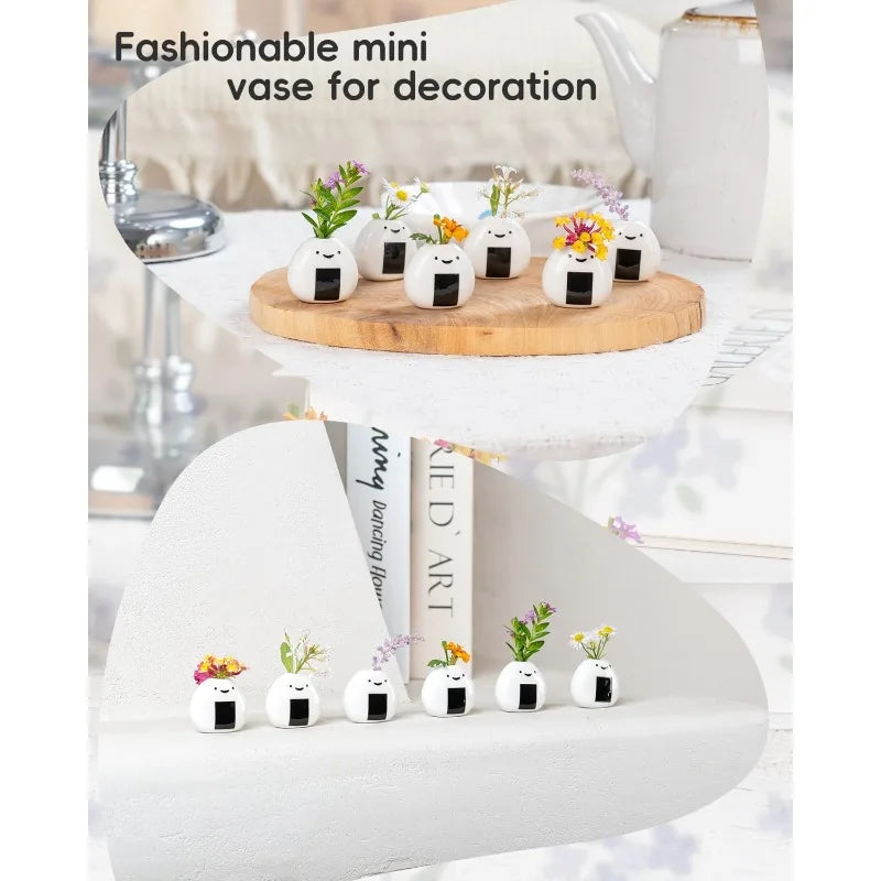 6 PCS Cute Handmade Ceramic Mini Vases - Rice Ball Design for Dried Flowers and Small Stems, Adorable Mini Table Decor