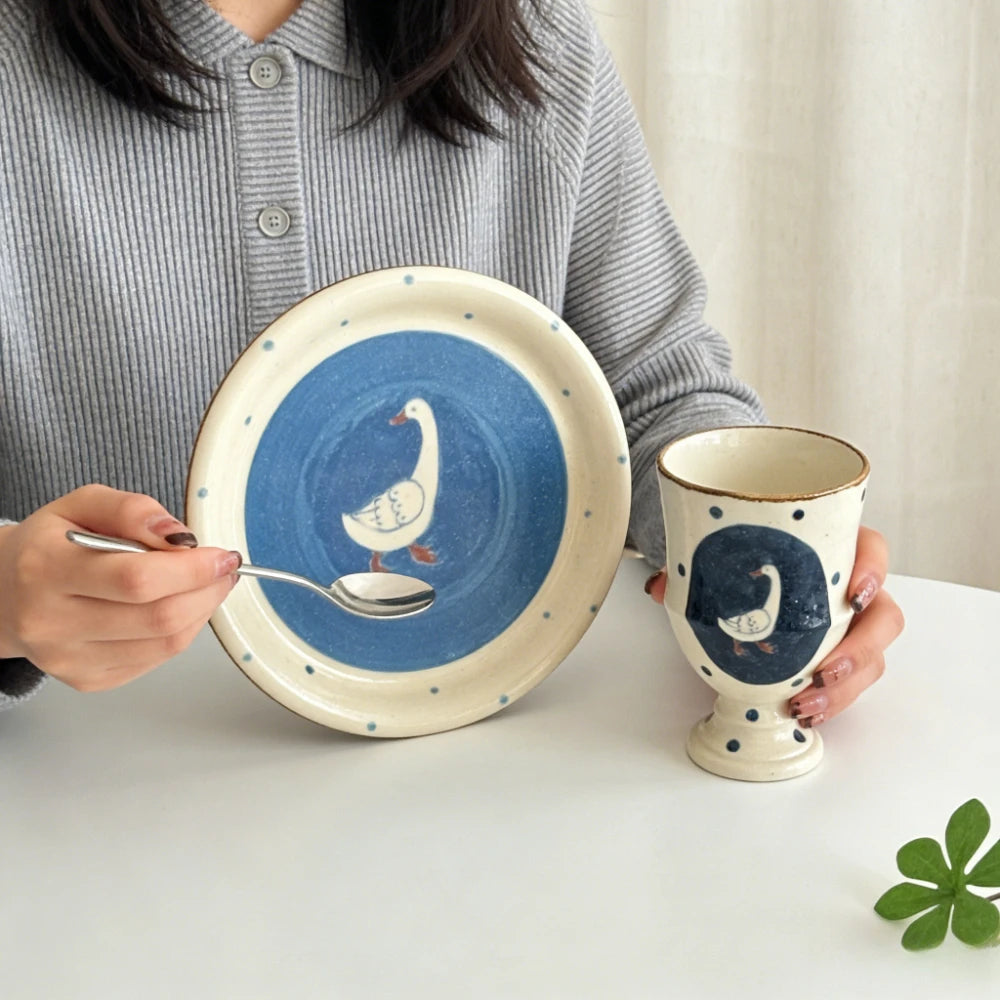 Retro Hand-painted Sky-themed Goose Cup, Plate, Coarse Pottery Tableware, Underglaze Painted Dessert Cake Salad Plates Water Mug