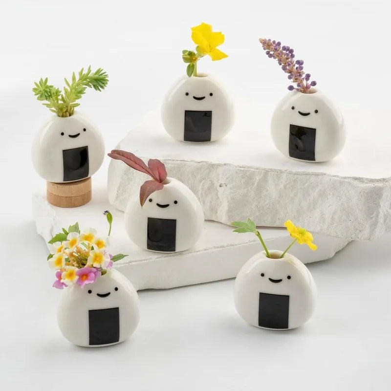 6 PCS Cute Handmade Ceramic Mini Vases - Rice Ball Design for Dried Flowers and Small Stems, Adorable Mini Table Decor