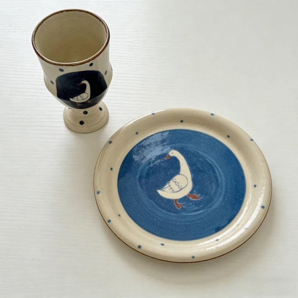 Retro Hand-painted Sky-themed Goose Cup, Plate, Coarse Pottery Tableware, Underglaze Painted Dessert Cake Salad Plates Water Mug