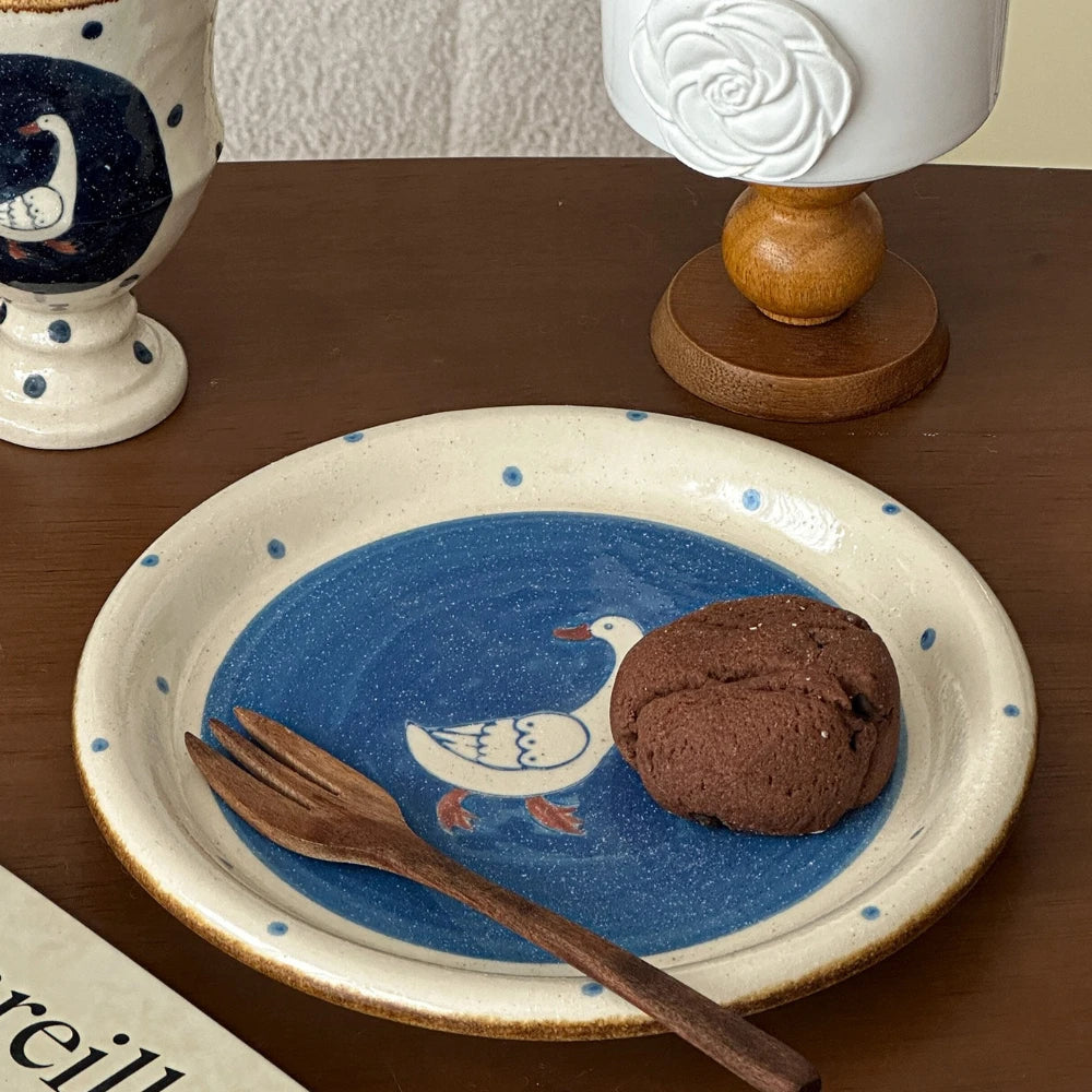 Retro Hand-painted Sky-themed Goose Cup, Plate, Coarse Pottery Tableware, Underglaze Painted Dessert Cake Salad Plates Water Mug