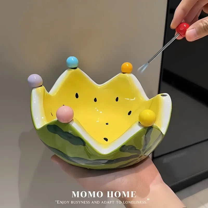 InsWatermelon Fruit Plate Creative Ceramic Fruit Fork Set Large Capacity Living Room Coffee Table Fruit Bowl Cute Small Ornament
