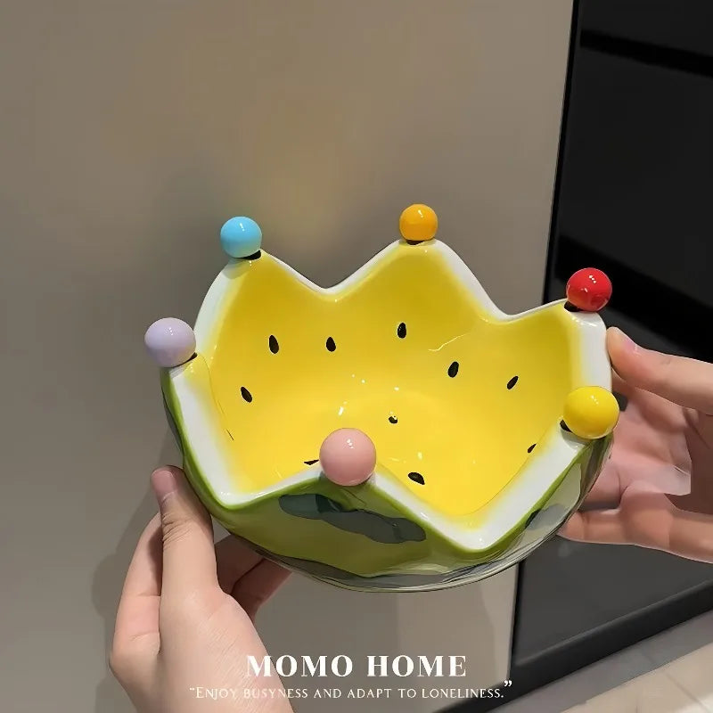 InsWatermelon Fruit Plate Creative Ceramic Fruit Fork Set Large Capacity Living Room Coffee Table Fruit Bowl Cute Small Ornament